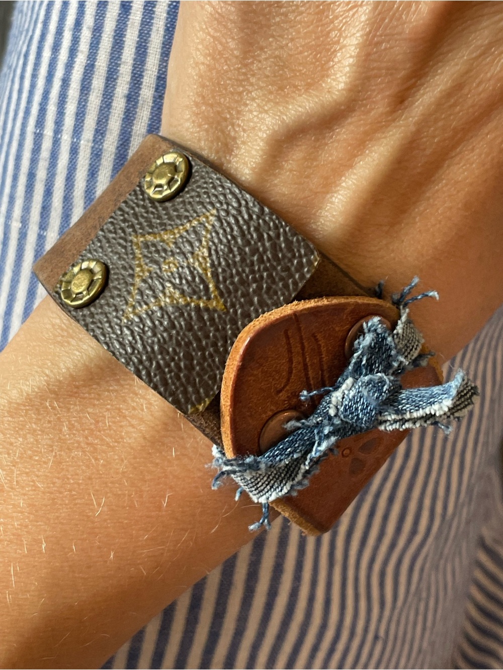 Brown Leather and Denim Wrap Bracelet with Antique Brass Accents